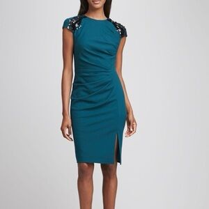 Magaschoni Blue Sheath Dress with Slit and Cap Sleeves